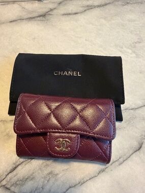 Chanel Burgandy Caviar Quilted Flap Card Holder Wallet, USED